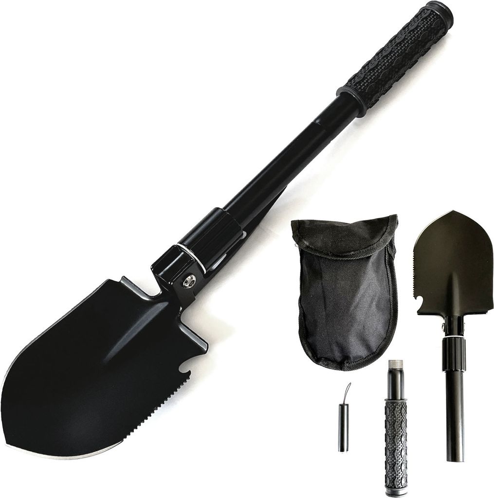 6in1 Klappspaten Säge Spitzhacke Messer Flaschenöffner Nageleisen Inkl. Taschenlampe & Tragetasche Faltbare Schaufel Multifunktional Legierter Stahl