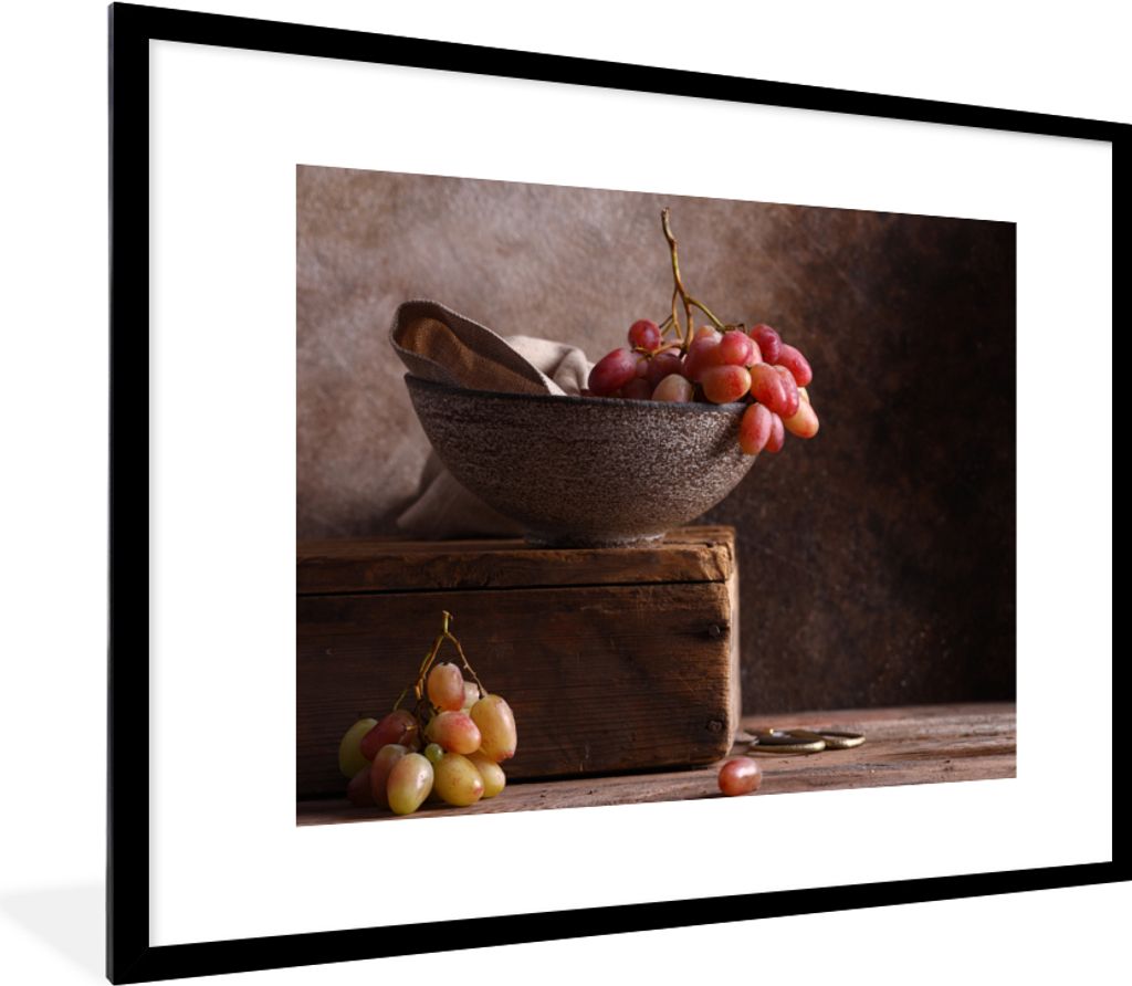 MuchoWow Gerahmtes Poster Rustikal - Weintrauben - Schale - Stilleben - Obst 80x60 cm - Poster mit Schwarzem Bilderrahmen Wandposter Rahmen Foto ...