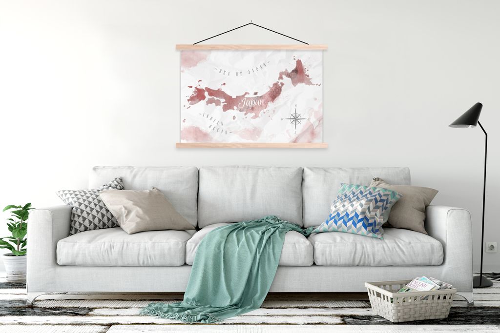 MuchoWow Textilposter Karte - Japan - Aquarell - Rot 120x80 cm mit holzfarbenen Rahmen - Aufhängeset