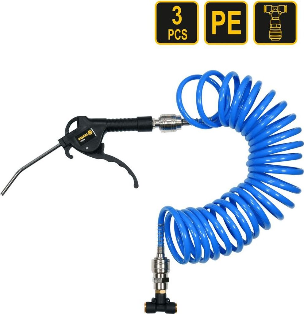 Ausblaspistole Spiralschlauch T-Stück Druckluft- Set 3 Tlg