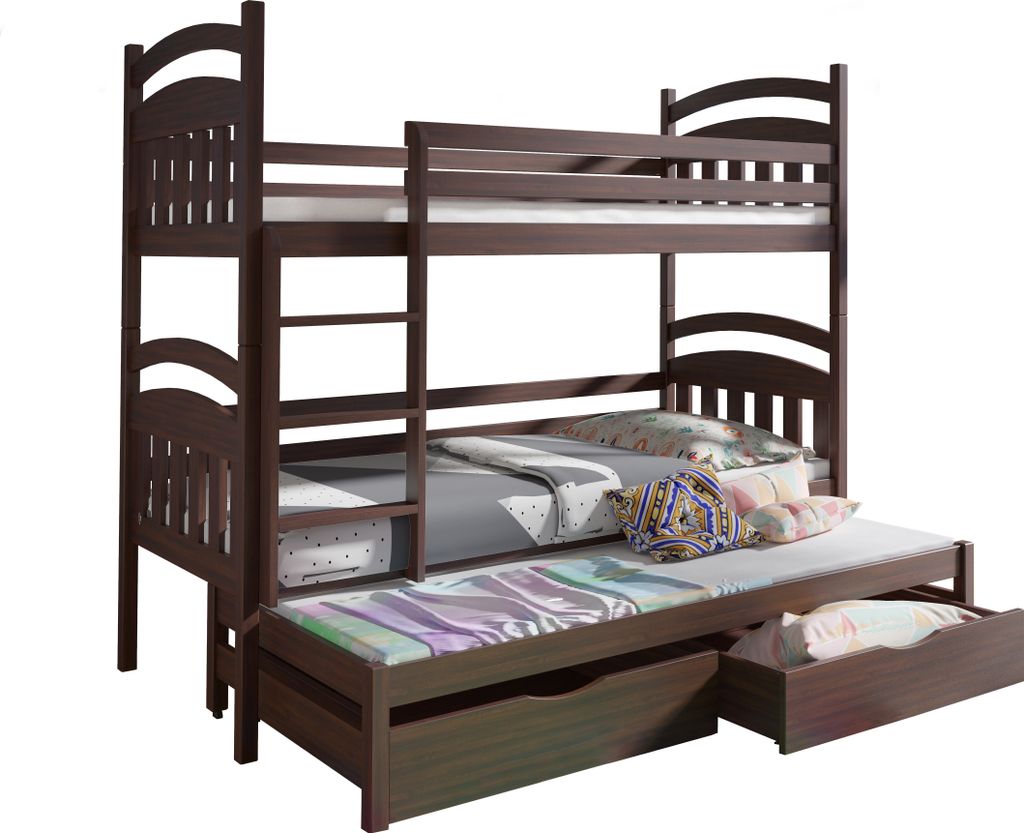 KEF ANTON Etagenbett Kinder Holz Kinderbett für Drei Kinder Leiter Universal ohne Matratze 90x190 cm Walnuss