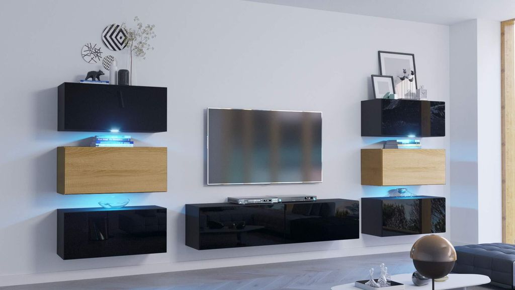 Furnitech Wohnwand Wohnzimmer - Hängend Wohnwand Modern - Regale und TV Schrank - Wohnzimmer Möbel ohne LED (Henri AN72-19BD-HGM8-1B - 316cm)