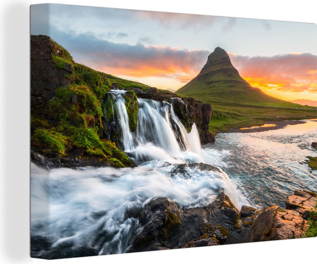 OneMillionCanvasses - Leinwandbilder - 140x90 cm, Der Berg Kirkjufell und der Wasserfall Kirkjufellfoss bei Sonnenaufgang in Island, Wandbilder K...