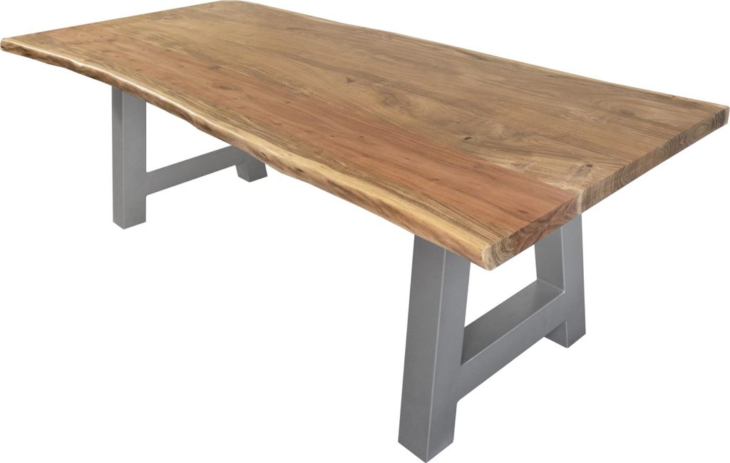 Esstisch 280 x 100 cm Cali, Baumkantentisch naturfarben, Akazienholz massiv, A-Gestell aus Metall Silber, aufgedoppelte Kanten 25+25 mm