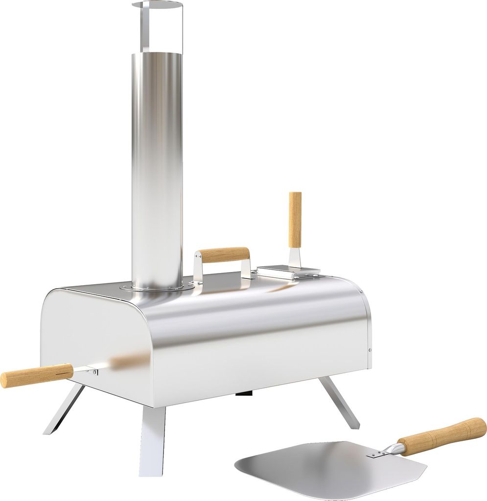 Outdoor-Pizzaofen, Tragbarer Pizza-Ofen mit Pizzastein und Schaufel, klappbare Beine, Schornstein, Edelstahl