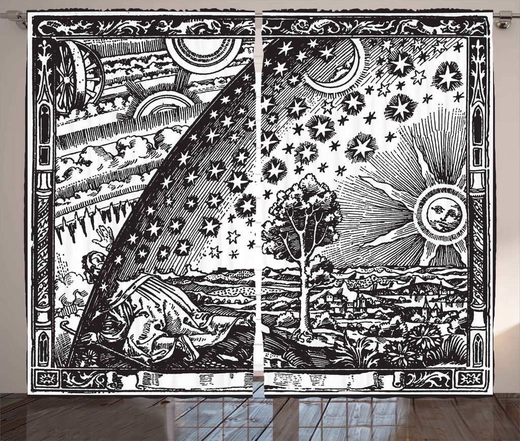ABAKUHAUS Jahrgang Rustikaler Vorhang, Mond Sonne Planeten Bild, Wohnzimmer Universalband Gardinen mit Schlaufen und Haken, 280 x 175 cm, Anthrazit...