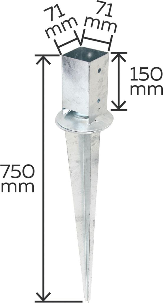 A diagram of a galvanized steel ground spike with dimensions indicated.