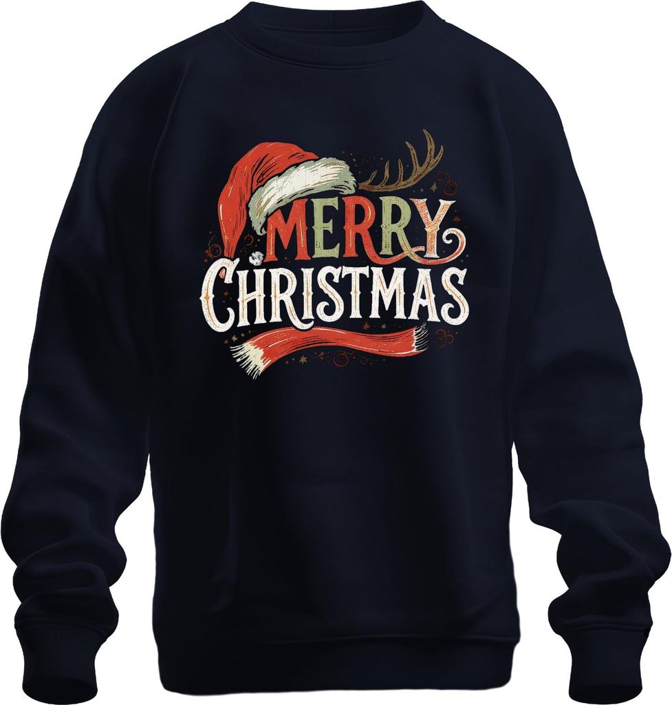 MERRY CHRISTMAS Weihnachtsmütze Rentier Vintage Retro Weihnachten Uni Sweatshirt Pullover, Navy, XL