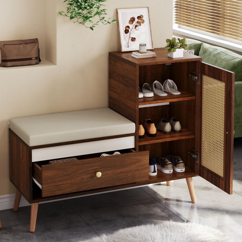 STILVORA Schuhschrank mit Sitzpolster und Rattan-Design, Garderobenbank mit Schubladen und offenen Fächern, Aufbewahrungsbank mit Schranktür für...