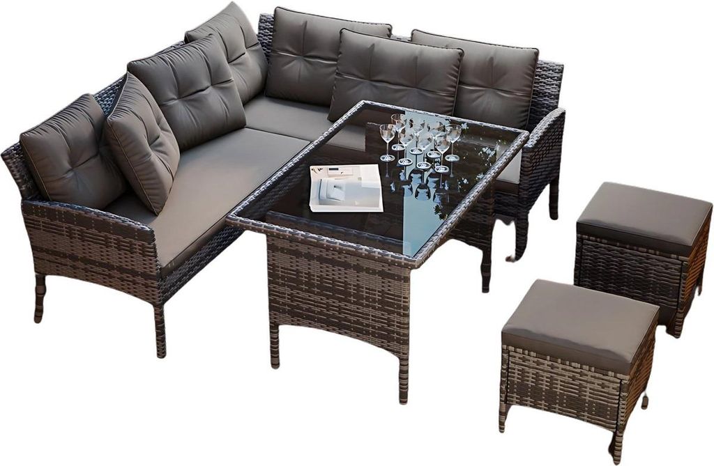 Happiq Gartenmöbelset – Loungeset für 7 Personen – Inklusive Sofa, Tisch, Hocker und waschbare Kissen – Outdoor Lounge Set aus PE-Rattan un...