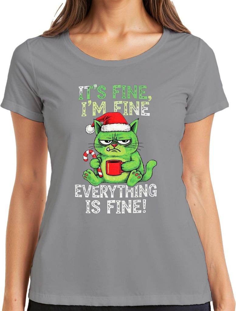 It's fine I'm fine everything is fine grumpy cat lustig weihnachten Damen T-Shirt, Grau, XXL