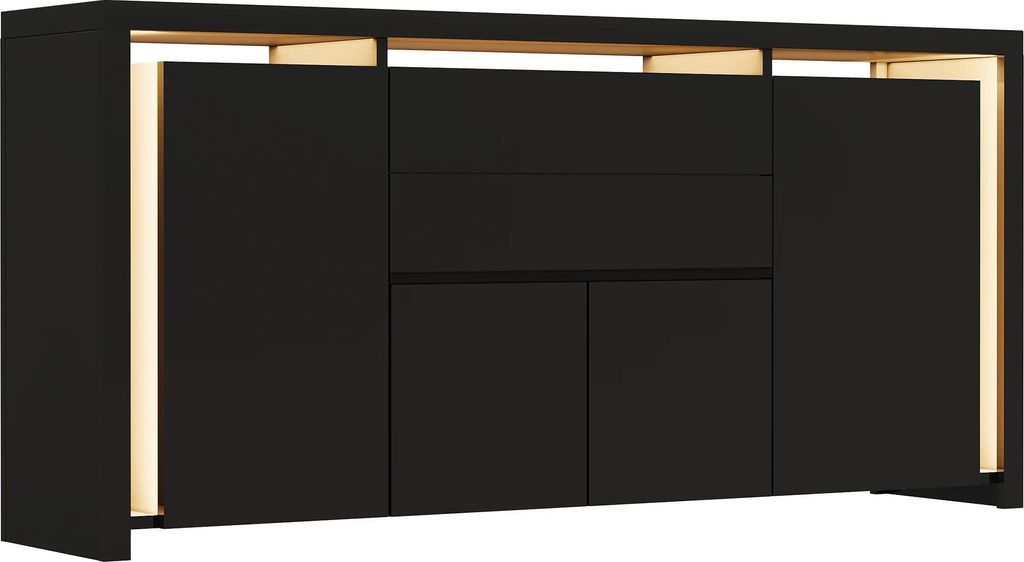 Sideboard - Wohnzimmer-Kommode - Hochglanz - LED-Beleuchtung - 2 Schubladen - Grifflos - Freistehend - Schwarz