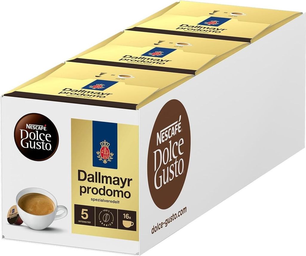 A box of Nescafé Dolce Gusto coffee capsules, specifically Dallmayr Prodomo.