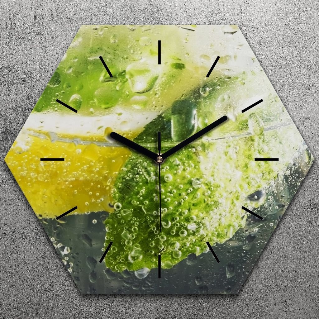 Uhr hexagonal 40 cm Glas Geräuschlos schwarze Zeiger - Zitrone und Basilikum