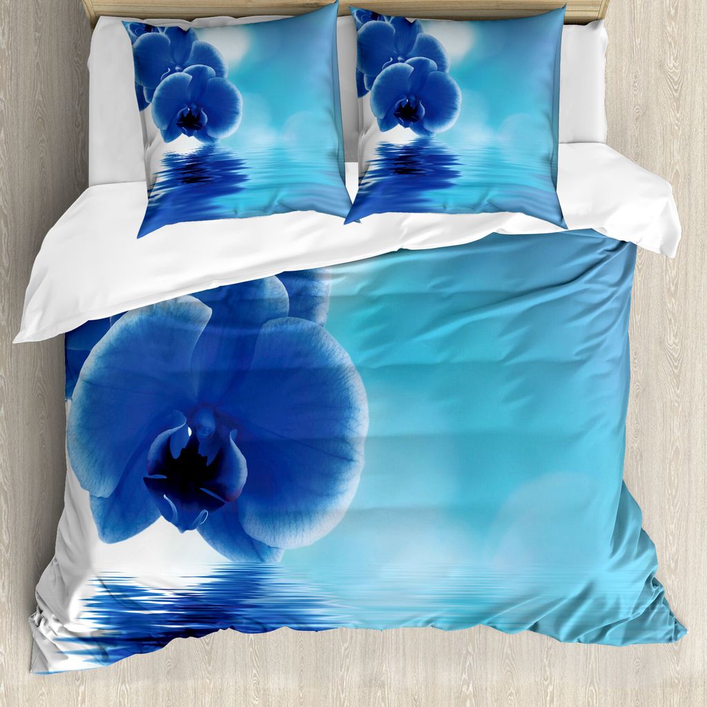 ABAKUHAUS Blume Bettbezugs Set Für Doppelbetten, Orchidee Blumenmuster, Milbensicher Allergiker geeignet mit Kissenbezügen, Violettblau Weiß und...