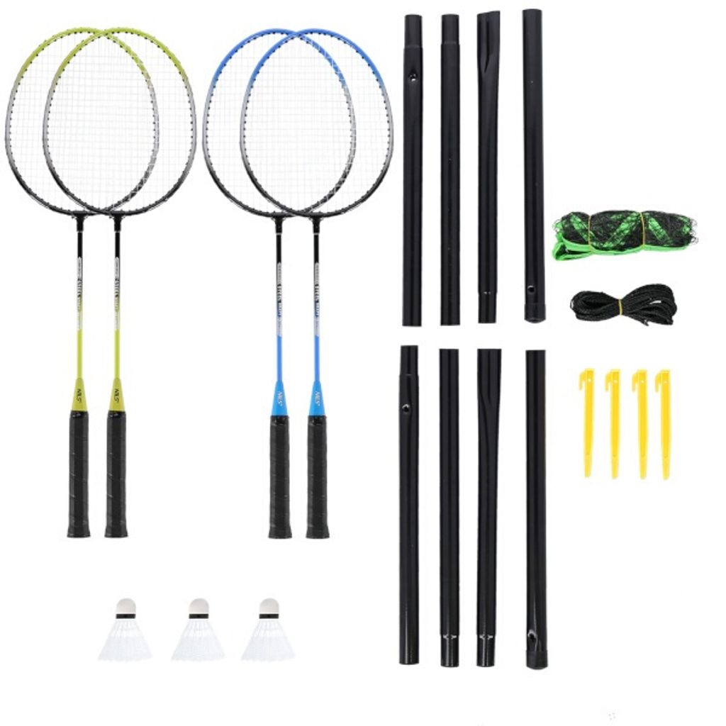 Nrz014 Stahl / Badminton Set 4 Raketen + 3 Federbälle + Netz 195X22Cm + Abdeckung Nils