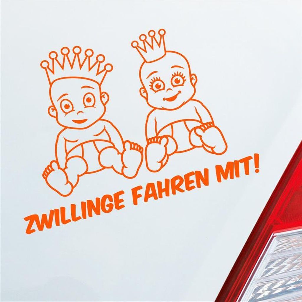 Auto Aufkleber Zwillinge fahren mit! Süß 28x20 cm Orange Sticker Heckscheibenaufkleber