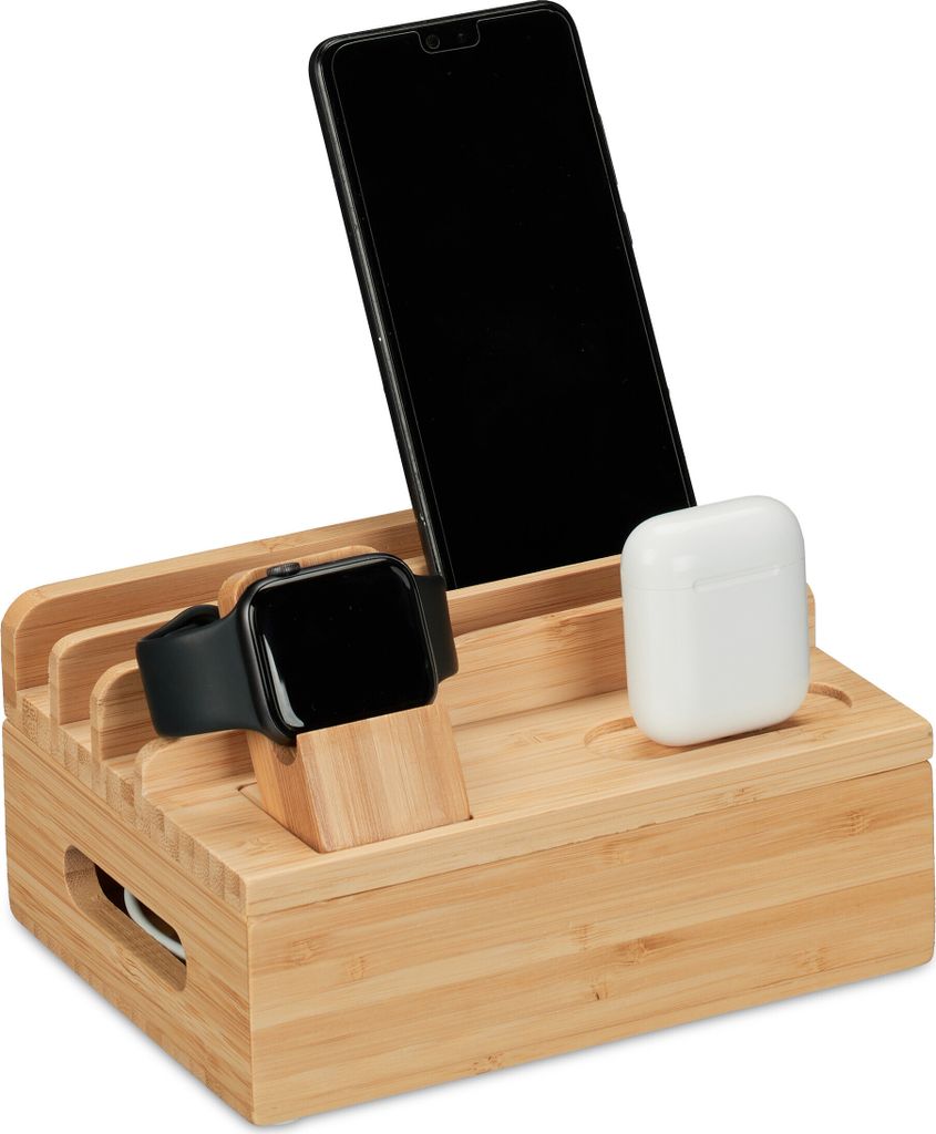 Relaxdays Ladestation, für Apple Watch, Bambus, HxBxT 11 x 17 x 13 cm, Handystation, Tablethalter, Uhrenständer, natur