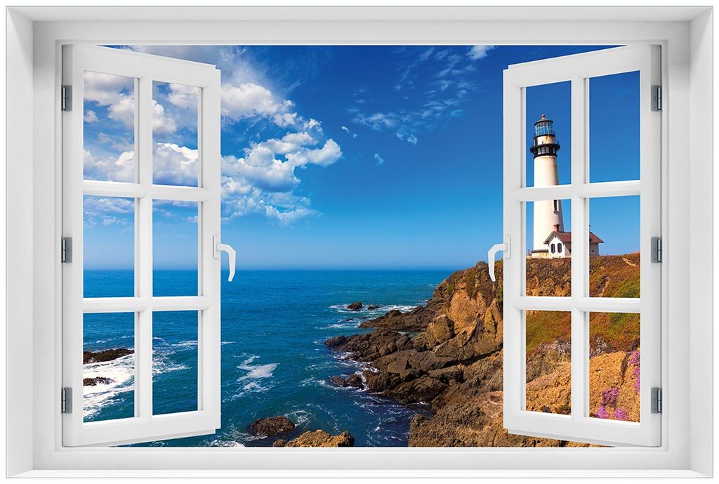 Wallario Premium Glasbild mit Fensterrahmen, freischwebende Optik, kräftige Farben, Größe 60 x 90 cm Motiv Leuchtturm auf einem Felsvorsprung - ...