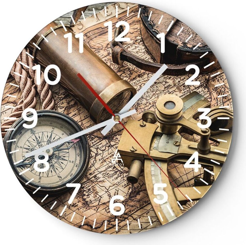 Wanduhr - Rund - Glasuhr - Kompass Kompass Karte - 40x40cm Produktbild 