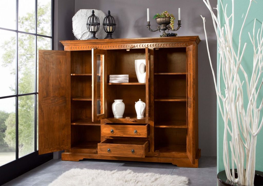 MASSIVMOEBEL24 Highboard Akazie 160x50x142 honig lackiert OXFORD #0418