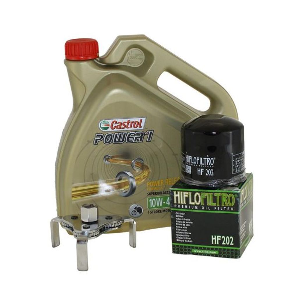 Öl Wechselset 4 Liter Castrol SAE 10W-40 Power 1 4T inkl. Ölfilter Hiflo HF202 und Ölfilterschlüssel