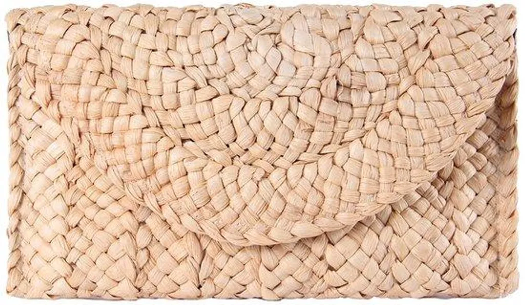 Sac à main vintage en paille tressée beige avec portefeuille assorti