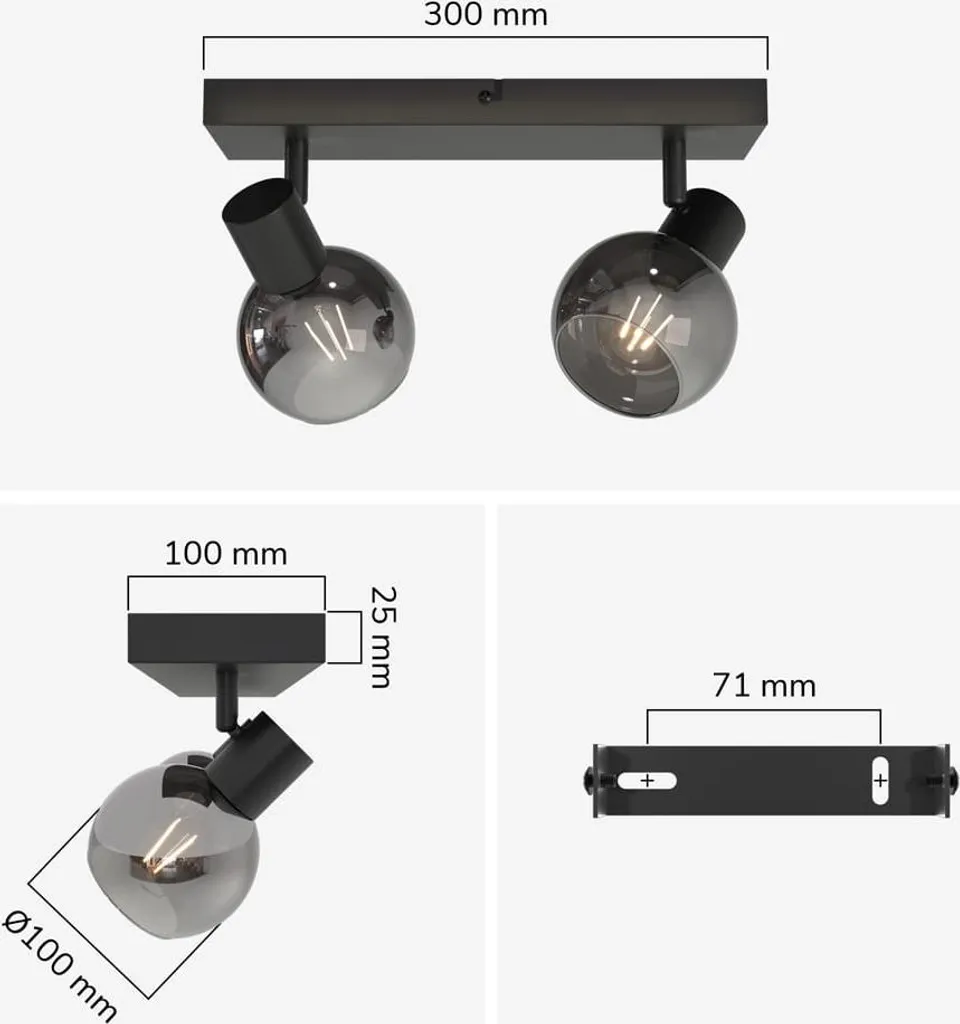 Plafonnier Noir à 2 Spots LED Inclinables en Verre Fumé Douilles E14 - 7