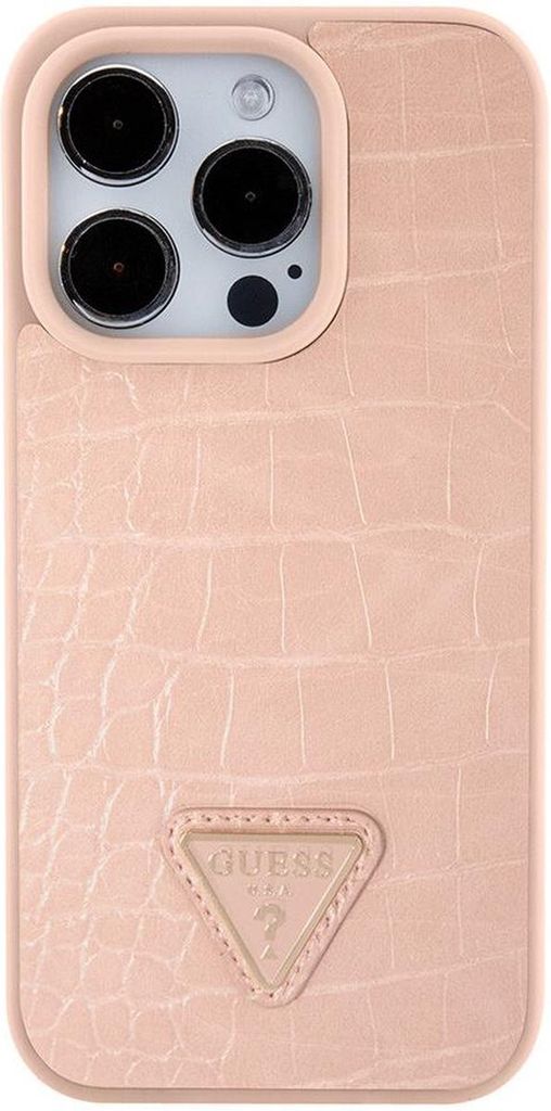 Guess Hülle für iPhone 15 / 14 / 13 6,1" rosa Hardcase Croco Triangle Metall Logo