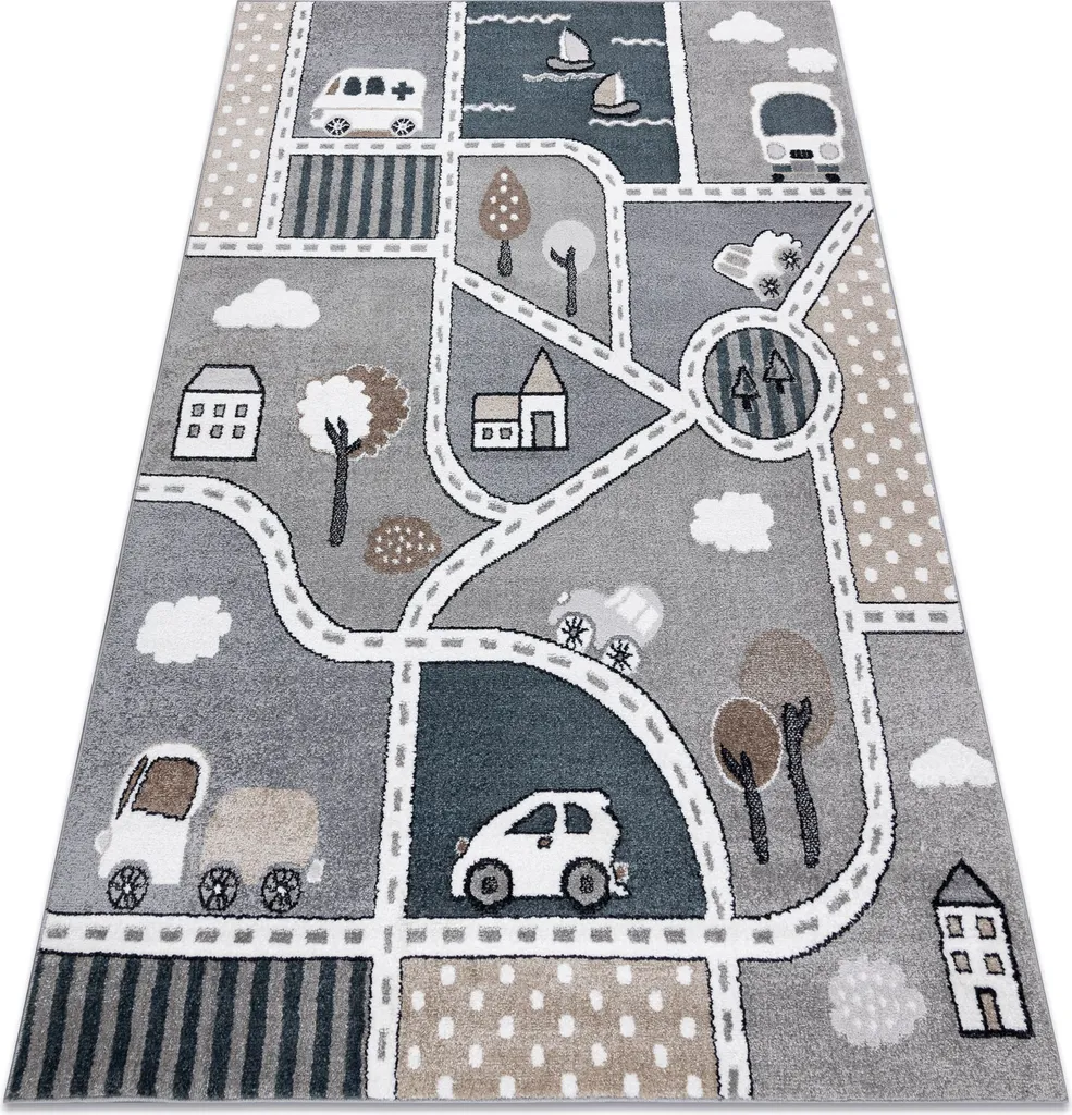 Tapis Enfant Circuit Ville Gris 80x150 cm Antistatique et Durable FUN