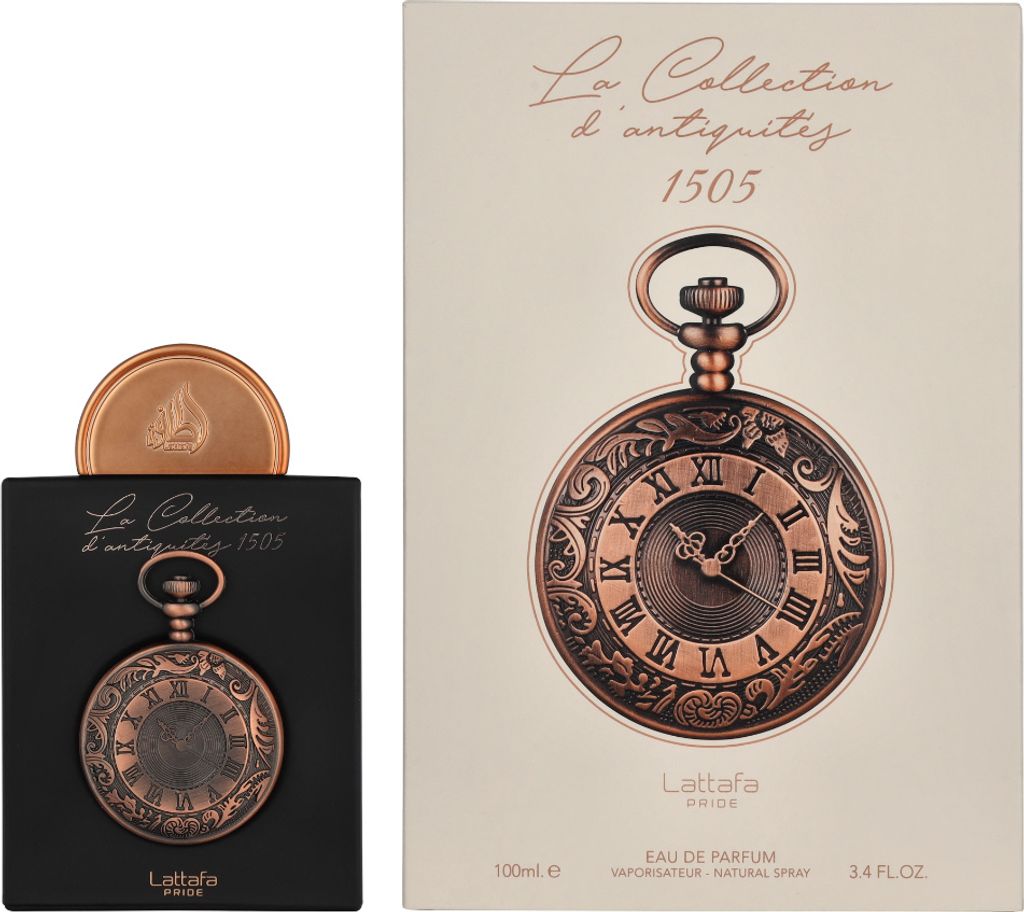 A product shot of a perfume bottle and its box, featuring a pocket watch design.