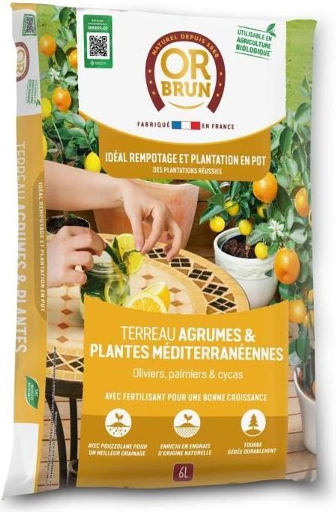 Erde für Zitrusfrüchte & mediterrane Pflanzen OR BRUN, 6L, Oliviers Palmiers & Cycas, Pouzzolane, Organischer Dünger