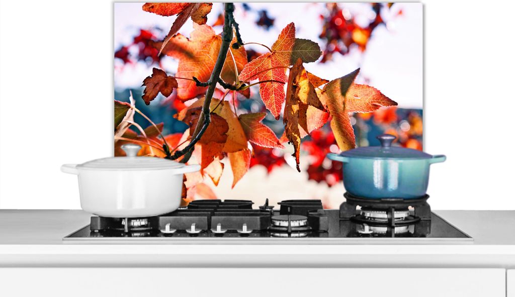 KitchenYeah Spritzschutz Küche - Küchenrückwand - Wandschutz für Herd und Spüle - Ahorn - Blätter - Rustikal - Herbst 70x50 - Alu-Dibond (A...
