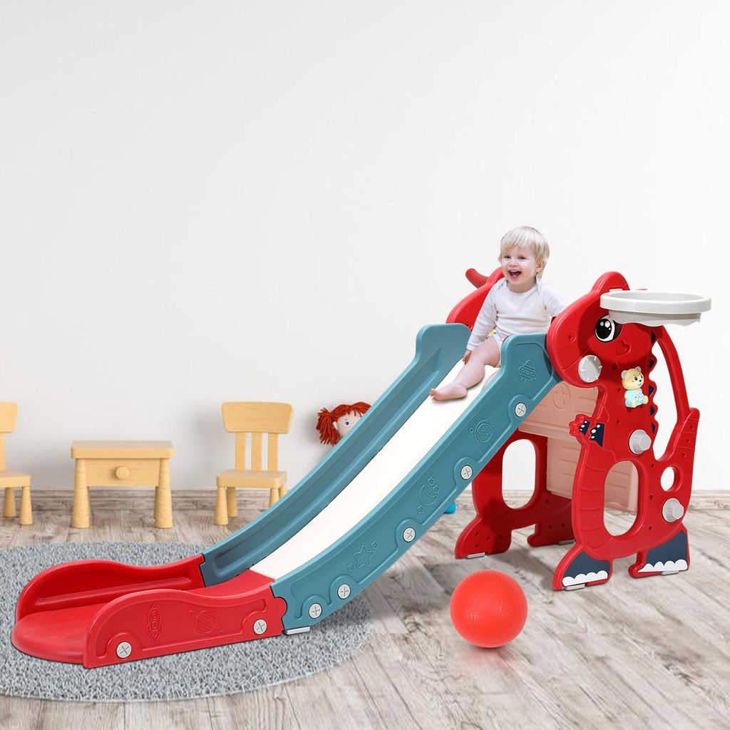 Bettizia Kinderrutsche 4-in-1 Klappbar Gartenrutsche Spielplatz mit Basketballkorb und Wurfring Englisch-Lerngerät Rot