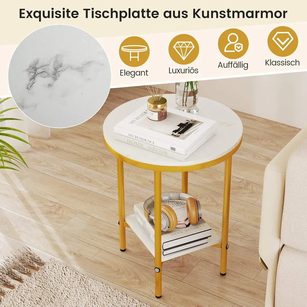 Table de salon design marbre et or avec double plateau de rangement chic
