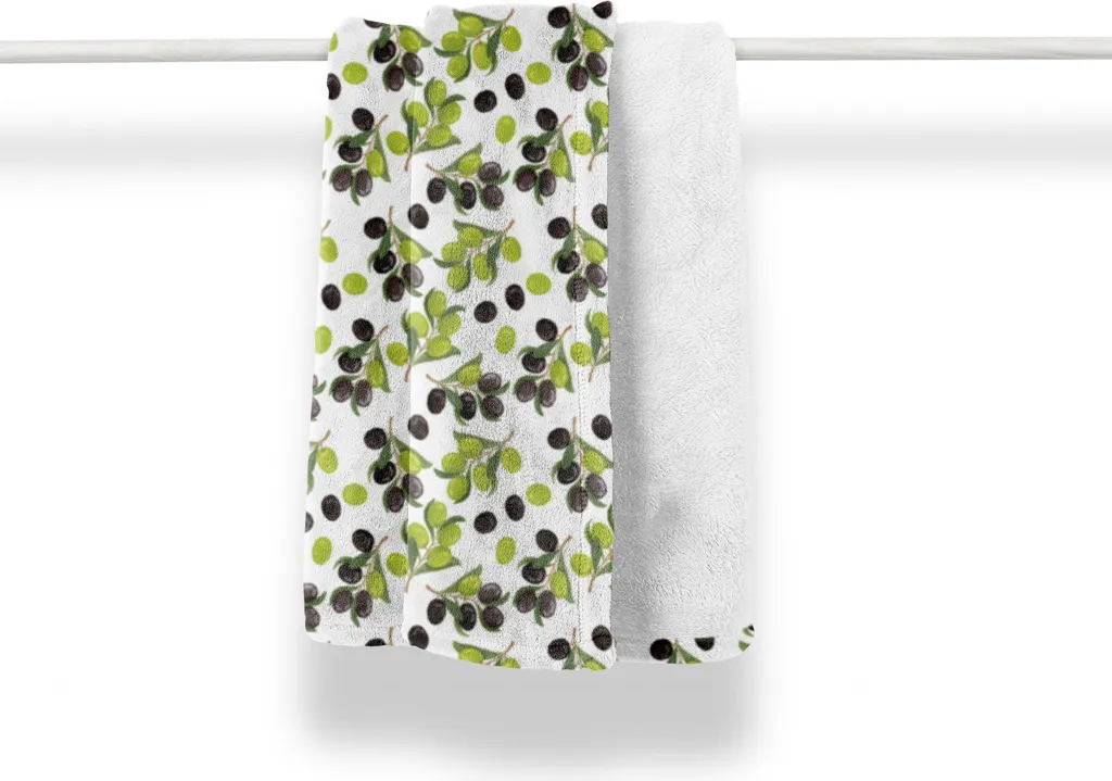ABAKUHAUS Italia Morbida coperta in pile di flanella, olive verdi su ramo nero, morbida e confortevole per interni ed esterni, 125 x 175 cm, bianca e multicolore