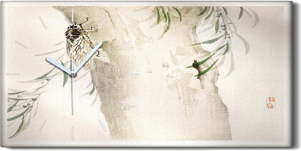 Dekor Leinwand Uhr Wandbild 60x30 Gemälde Asiatische Baum Zweige Blätter Insekt - weiße Hände