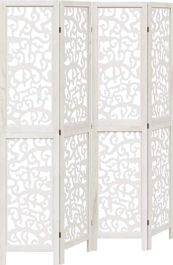 A white wooden room divider with intricate cut-out patterns.