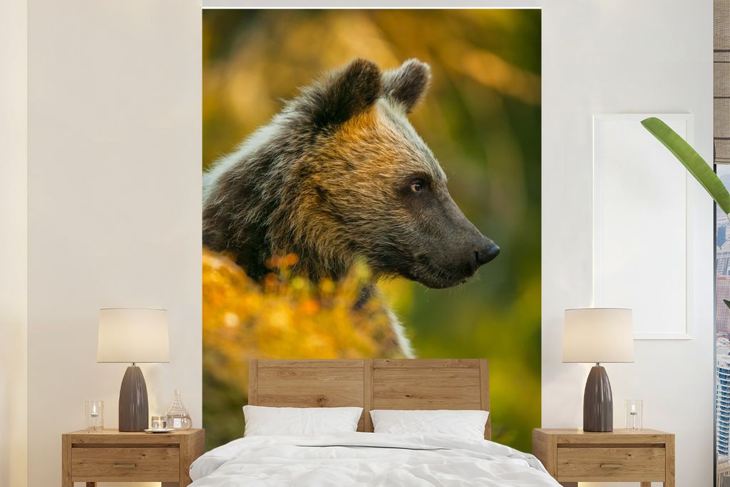 MuchoWow Fototapete für Wohnzimmer oder Schlafzimmer Wandtapete Vinyl Motivtapete Bär - Braun - Nahaufnahme - 170x260 cm - Wohnzimmertapete