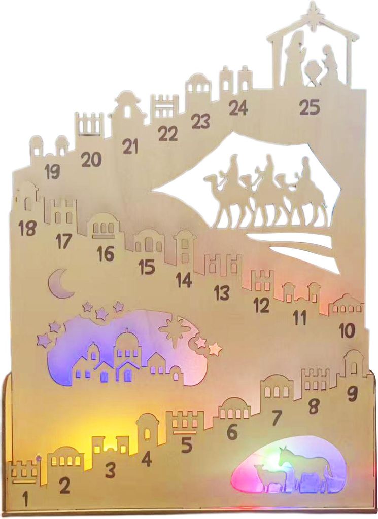 Rustikaler Adventskalender aus Holz mit Krippenmotiv, beleuchtet, ideal als Tischdekoration für Schrank, Schreibtisch, Regal oder Kaminsims.