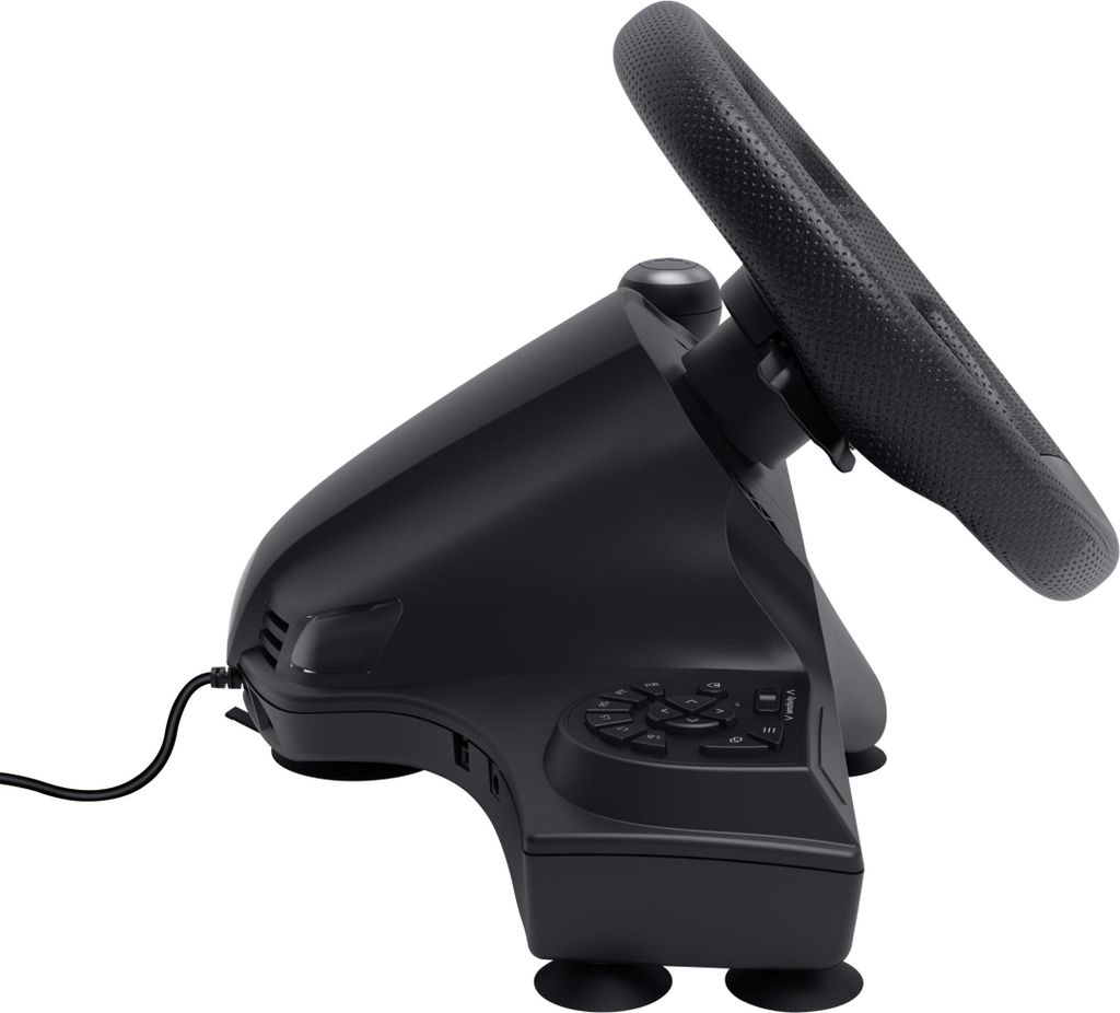 A black racing wheel and base on a white background.