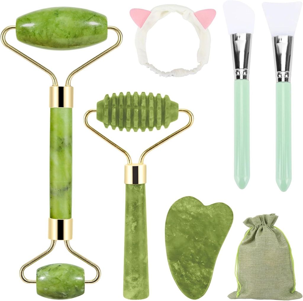 7 Stück Jade Gua Sha Stein Set, Gua Sha und Gesichtsroller Beauty Massager Skincare, Jade Roller, Natürlich Grünes Massagegerät, Anti-Aging Mas...