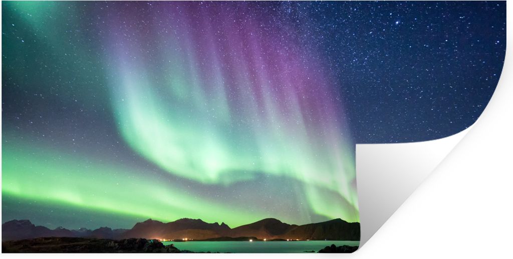 MuchoWow Wandtattoo Wandsticker Wandaufkleber Nordlicht - Grün - Lila - Sternenhimmel - See - Berg 40x20 cm Selbstklebend und Repositionierbar -...