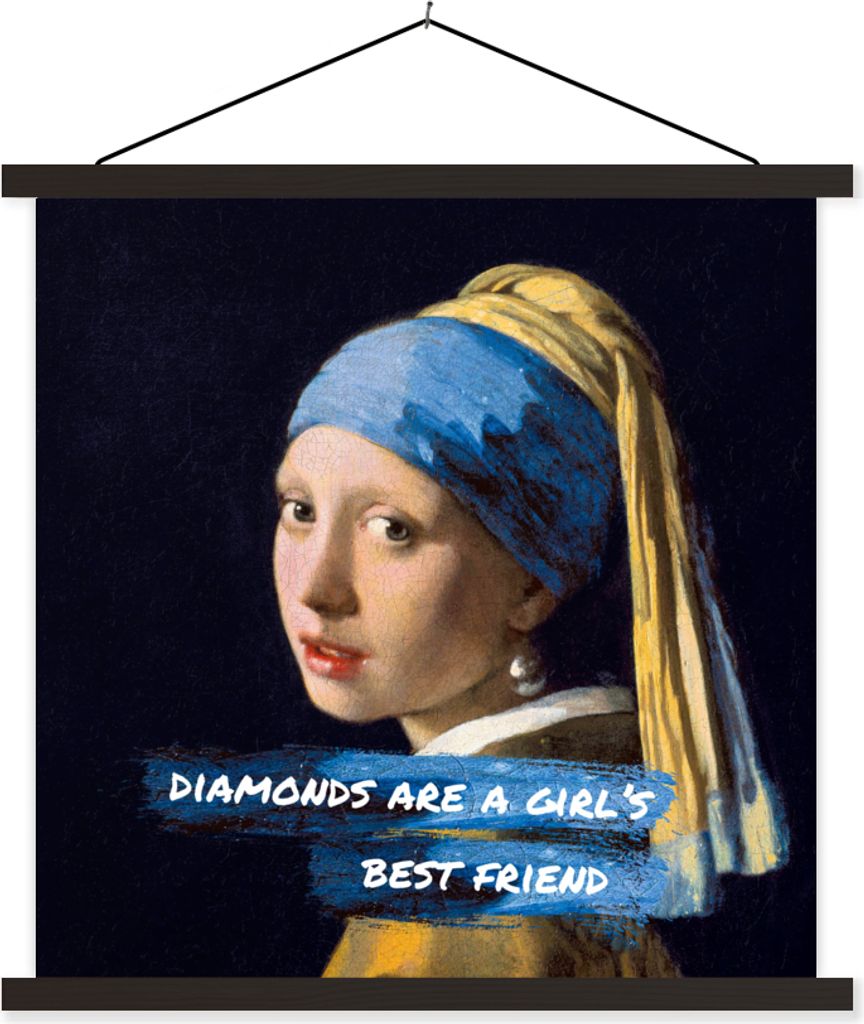 MuchoWow Textilposter Vermeer - Das Mädchen mit dem Perlenohrring - Zitat 90x90 cm mit schwarzem Rahmen - Magnetisches