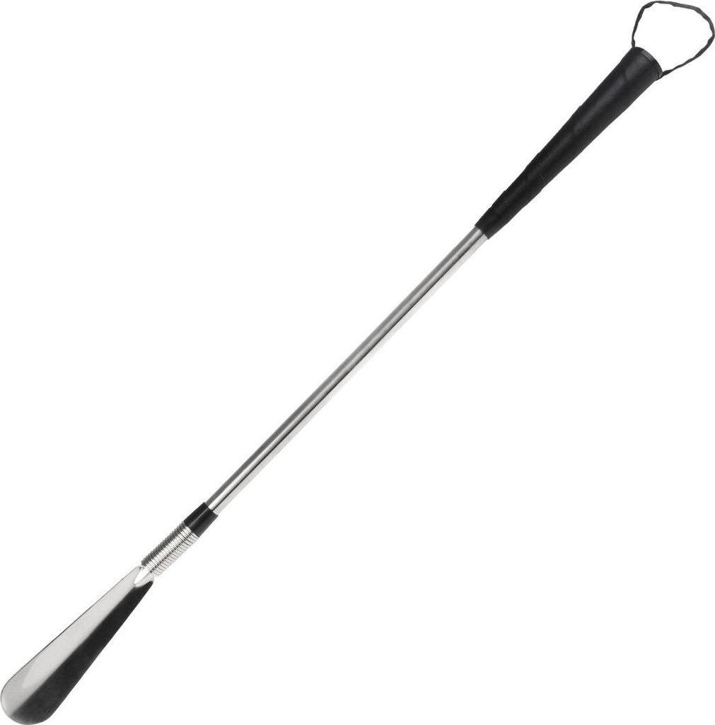 A shoehorn with a long handle and a loop at the end.