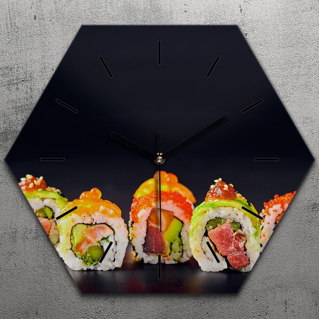 Uhr hexagonal 40 cm Glas Geräuschlos schwarze Zeiger - japanisches Essen Sushi-Rollen