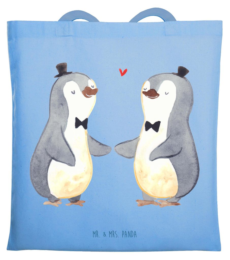 Mr. & Mrs. Panda Jutebeutel Pinguine Gay Pride - Sky Blue - Geschenk, Tote Bag, baumwoll shopper, dokumententasche, Hochzeitskarte, Uni Tasche, Tra...