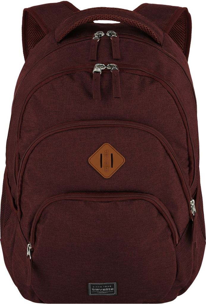 A burgundy backpack is shown against a white background.