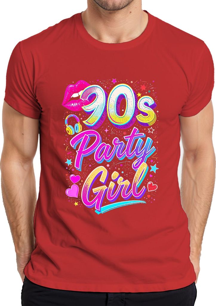 90s Party Girl Neon Lippen Kopfhörer Herzen Sterne Retro 90er Herren T-Shirt, Rot, XXL