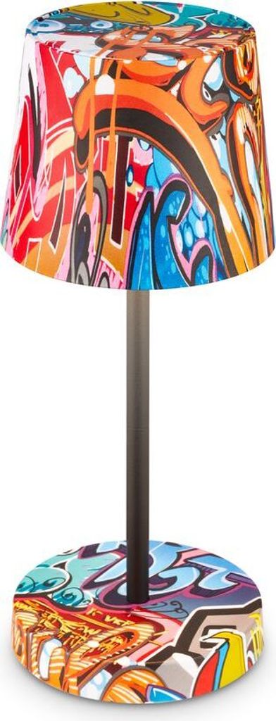A table lamp with a graffiti-like design on its shade and base.